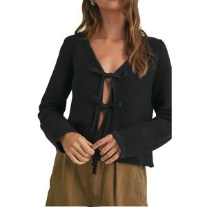 Miou Muse Tie Front Cropped Knit Sweater Black Balletcore Boho NWT Size Medium